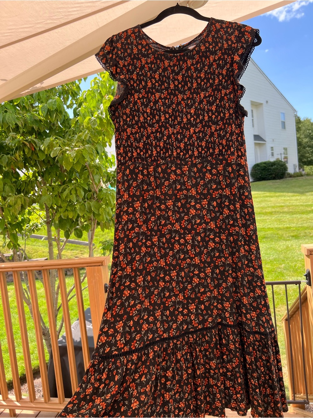 Lost + Wander Black Midi Dress with Orange Floral Print
